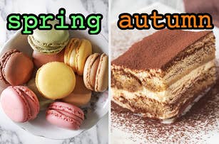 On the left, some macarons labeled spring, and on the right, a slice of tiramisu labeled spring