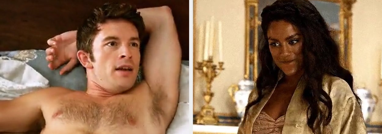 Jonathan Bailey lies in bed shirtless with a white sheet covering him; Simone Ashley stands in an ornate room wearing a period costume