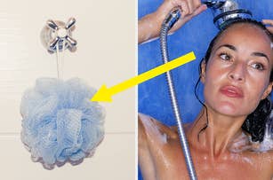 Two-part image: Left shows a blue loofah on a hook; right shows a woman using a shower head with soap on her face and body