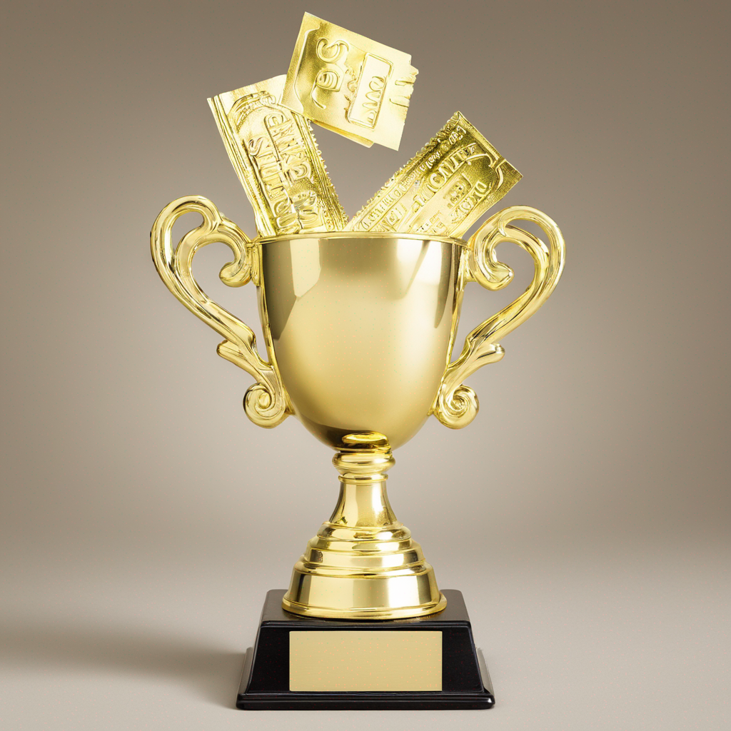 A gold trophy cup with three gold movie theater tickets placed inside