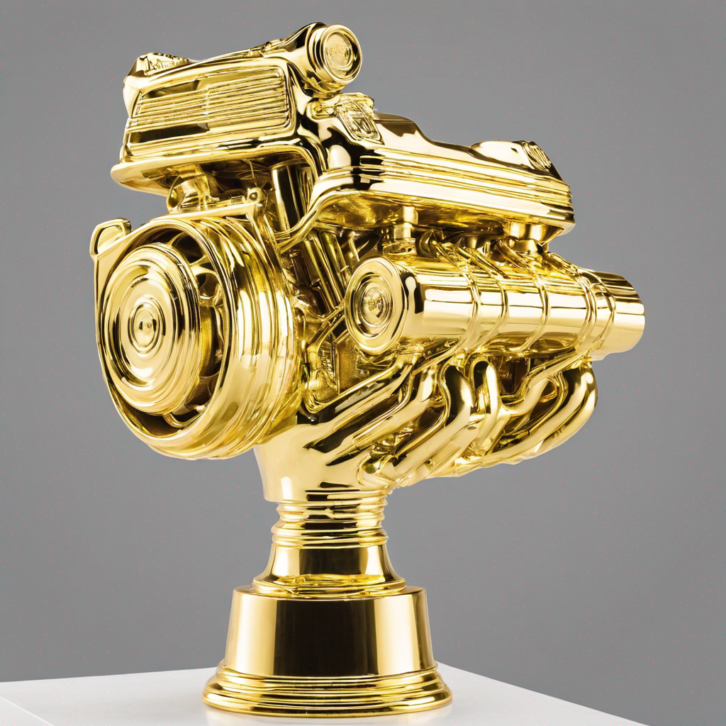 A golden, intricately designed car engine displayed on a pedestal