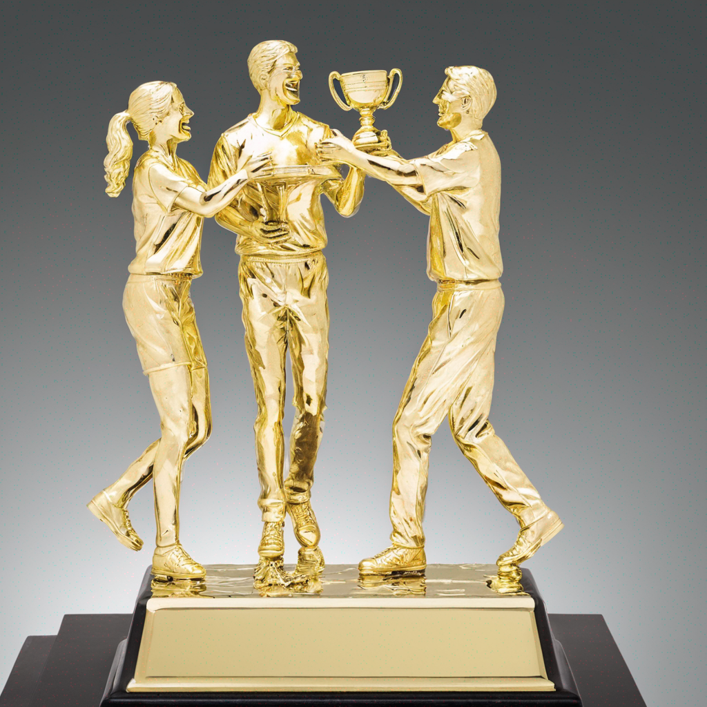A gold trophy featuring three figures holding up a cup together, symbolizing teamwork and victory
