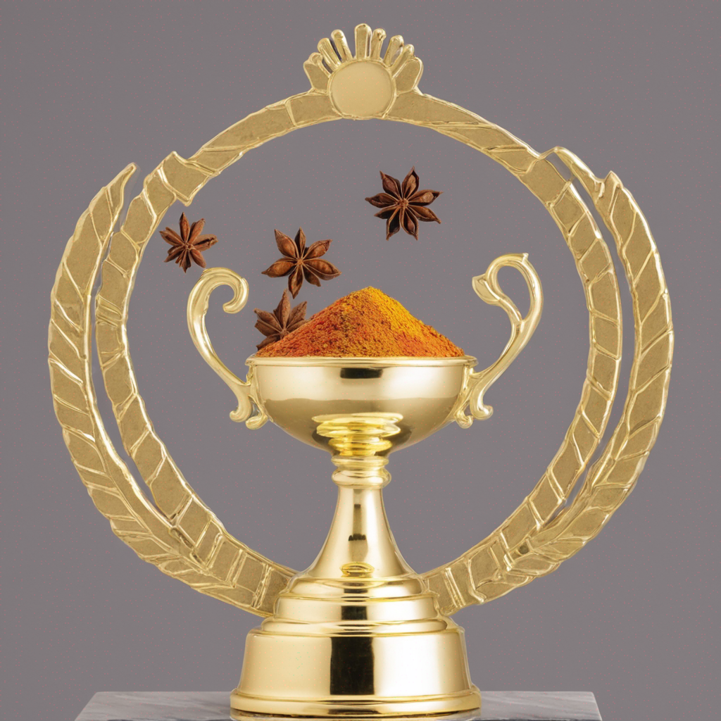 A golden trophy with a cup filled with ground spices and decorative star anise. The trophy has a circular frame with leafy embellishments and a small sun emblem at the top