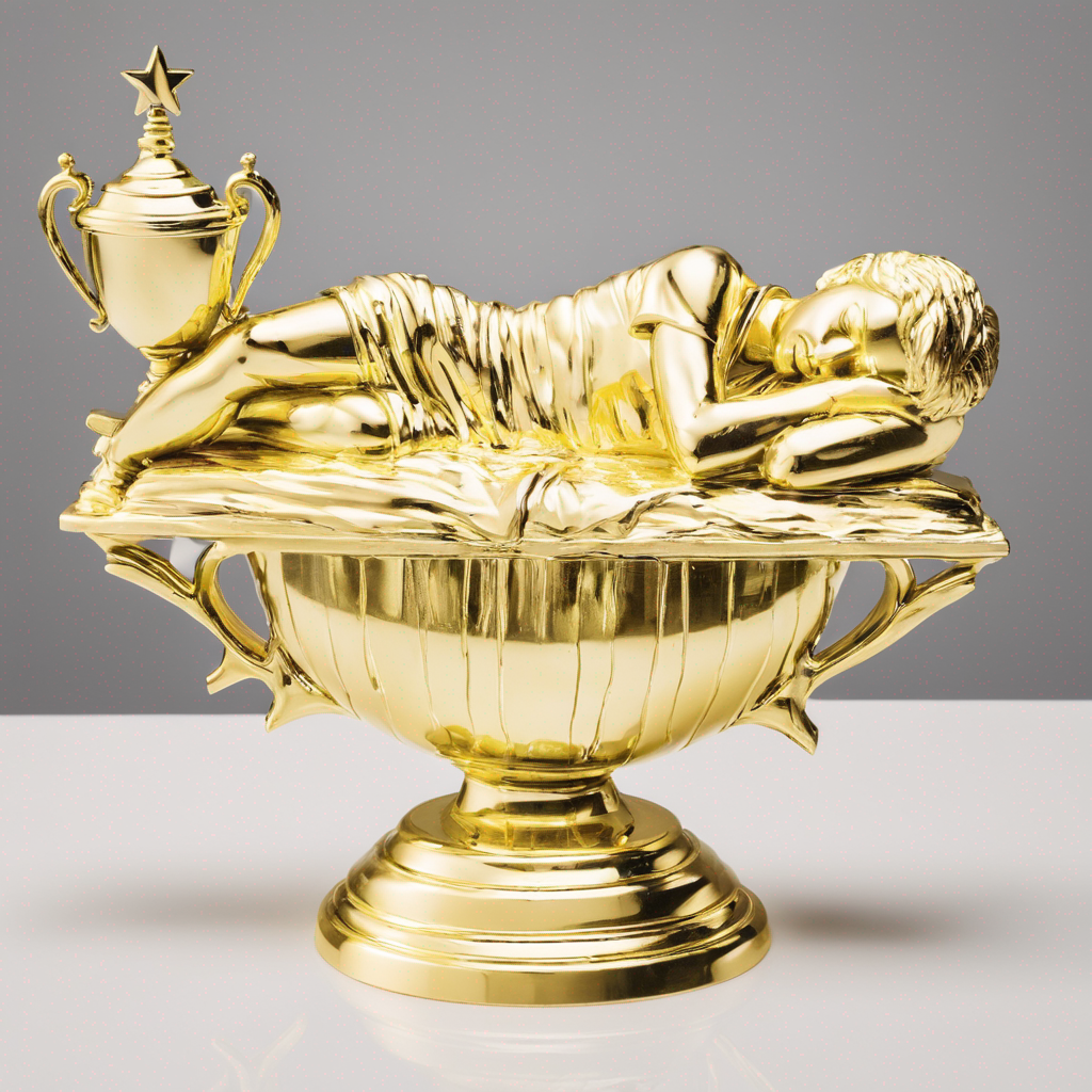 Gold trophy featuring a figure of a person lying down, draped in a cloth, with a star-topped cup next to them
