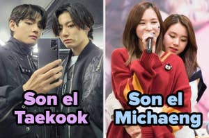V y Jungkook se toman una selfie en un espejo. Mina y Chaeyoung se abrazan mientras Mina sostiene un micrófono. Texto: "Son el Taekook" y "Son el Michaeng"
