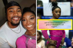 Simone Biles and her husband, Jonathan Owens, smiling for a selfie on the left; on the right, Simone Biles in gymnastics attire with meme text about not needing to "touch grass."