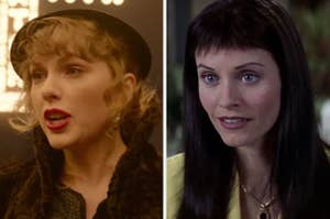 Taylor Swift wearing a hat, speaking into a mic onstage (left). Courteney Cox with short hair, smiling in a scene from a movie (right)
