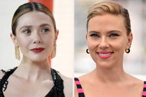 Elizabeth Olsen in a black outfit with gold earrings and Scarlett Johansson in a striped dress both smiling at separate events