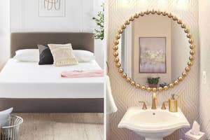 Left: memory foam mattress, Right: circular gold-tone design mirror over bathroom vanity