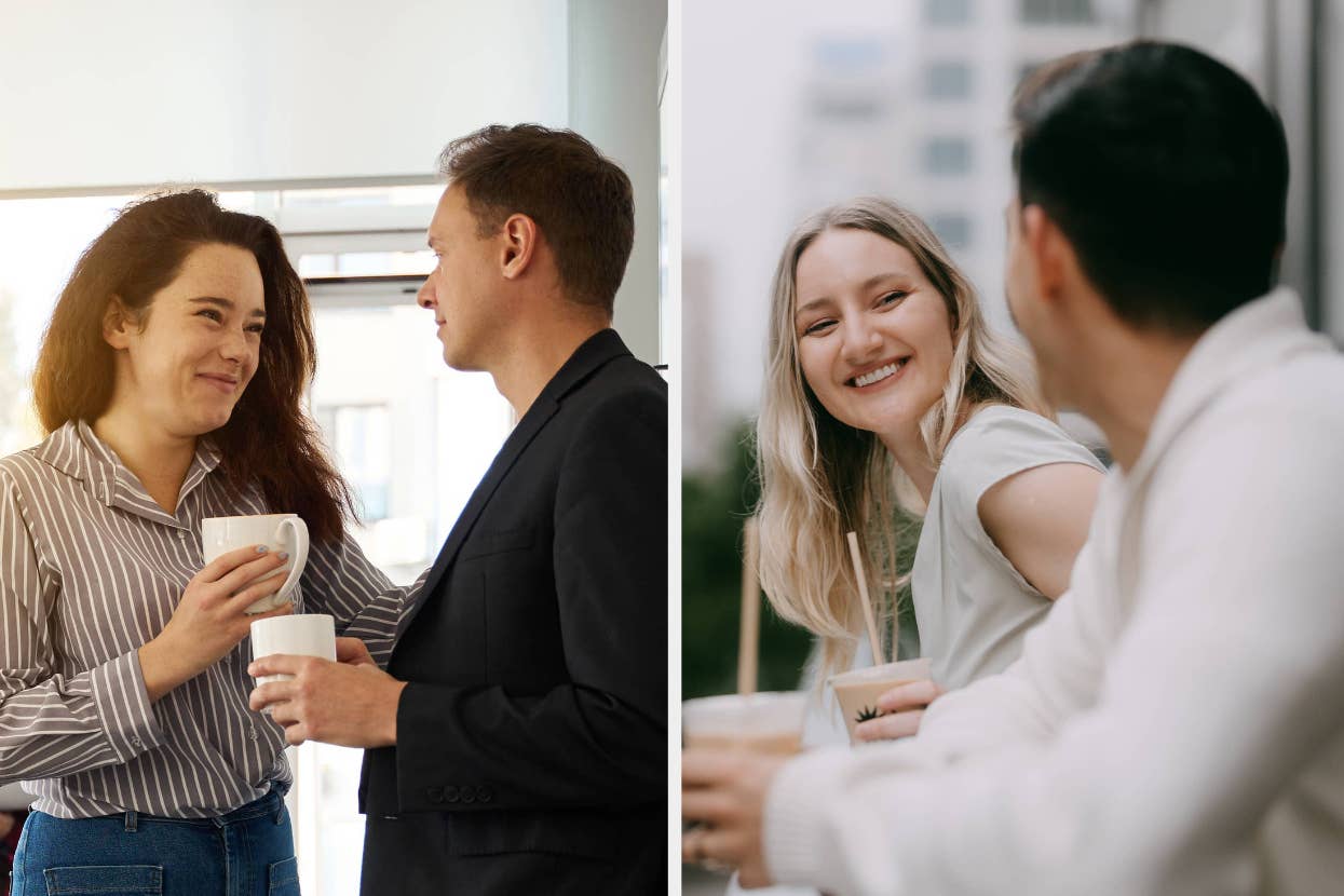 Left image: Two people smiling and holding coffee cups. Right image: Two people smiling and holding drinks at an outdoor cafe. Names unknown