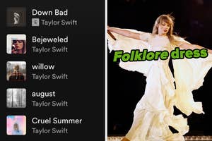 On the left, a Taylor Swift Spotify playlist, and on the right, Taylor Swift twirling on stage labeled Folklore dress