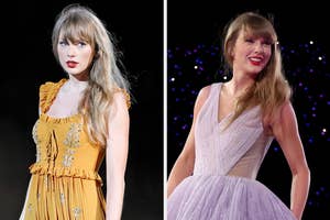 On the left, Taylor Swift at the Eras Tour wearing the Evermore dress, and on the right, Taylor Swift at the Eras Tour wearing a Speak Now gown