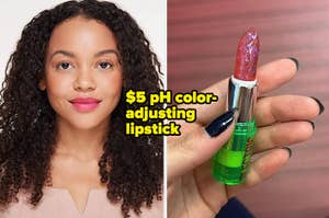 a model wearing ph color adjusting pink lipstick