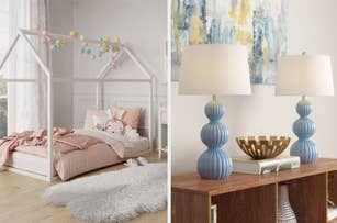 A stylish child’s bedroom with a canopy bed and plush decor on the left; a pair of lamps with blue design on the right