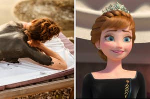 On the left, a person gets a mud treatment lying on a spa bed. On the right, animated character Anna from Frozen smiles, wearing a tiara and black dress