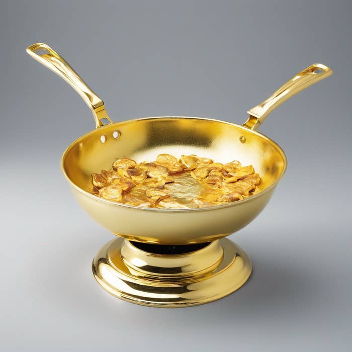 A golden frying pan filled with a small pile of fried chips, displayed on a matching golden base