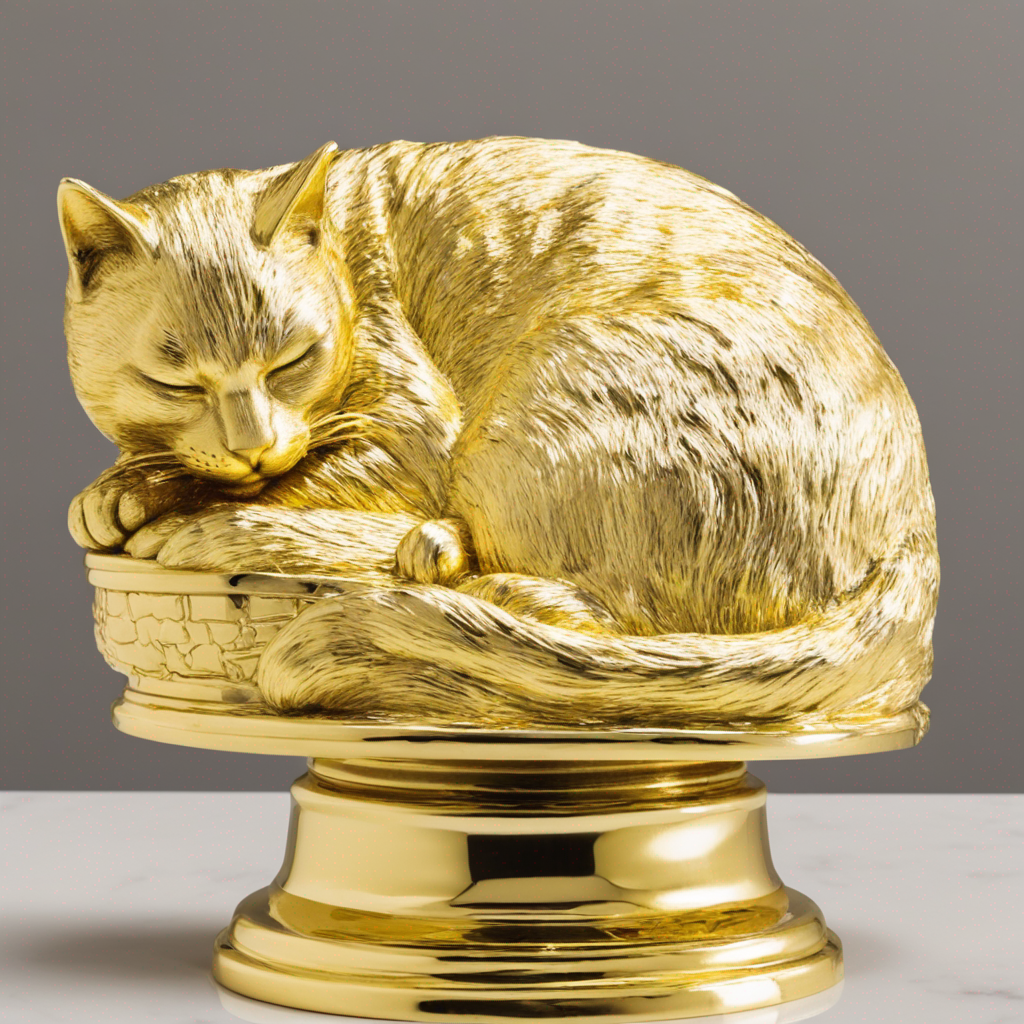 Golden statue of a cat curled up and sleeping peacefully on a pedestal