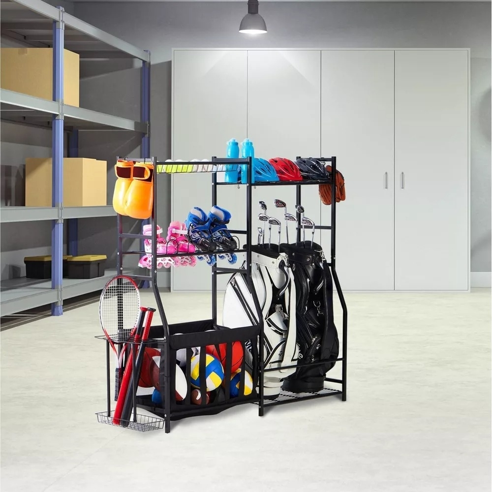 Organized garage storage rack holding various sports equipment including balls, rackets, helmets, and golf clubs with shelves and storage bins