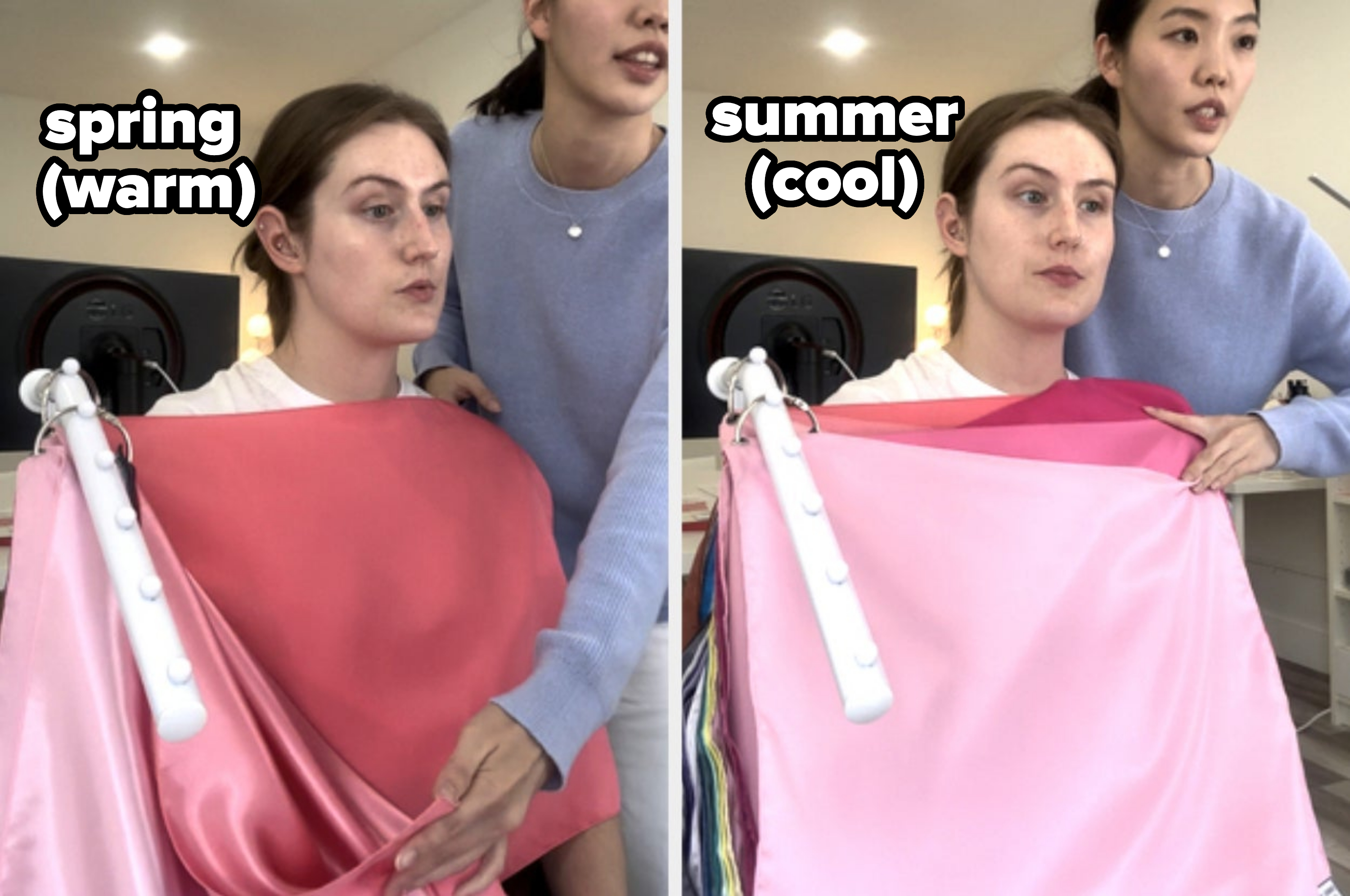 A stylist helps a seated woman by holding fabric swatches near her face to determine the best colors for her