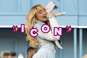 Sabrina Carpenter performing with the word "icon" overlaid