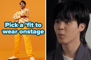 A split image: The left shows a man in checkered attire, the right shows Jimin with a surprised expression. Text reads "Pick a 'fit to wear onstage."