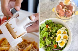 Close-up of a cheese grater in use and a food steamer with eggs. Right side shows a salad with lettuce, cucumbers, carrots, and sliced boiled eggs