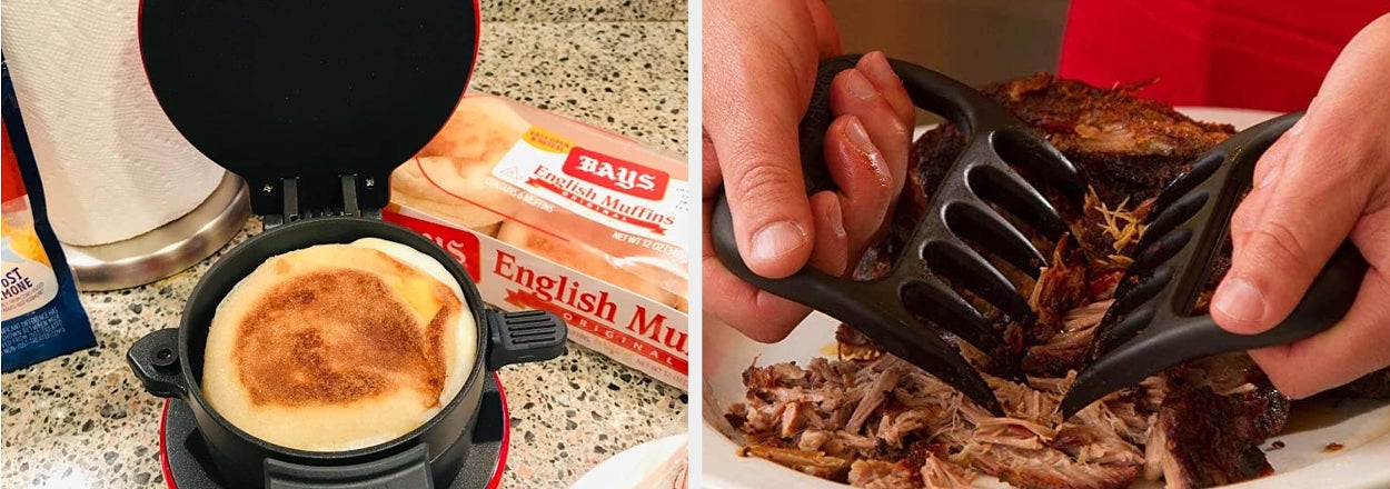 Left side: An egg and cheese English muffin sandwich cooking in a breakfast sandwich maker. Right side: Hands using claws to shred pulled pork on a white plate
