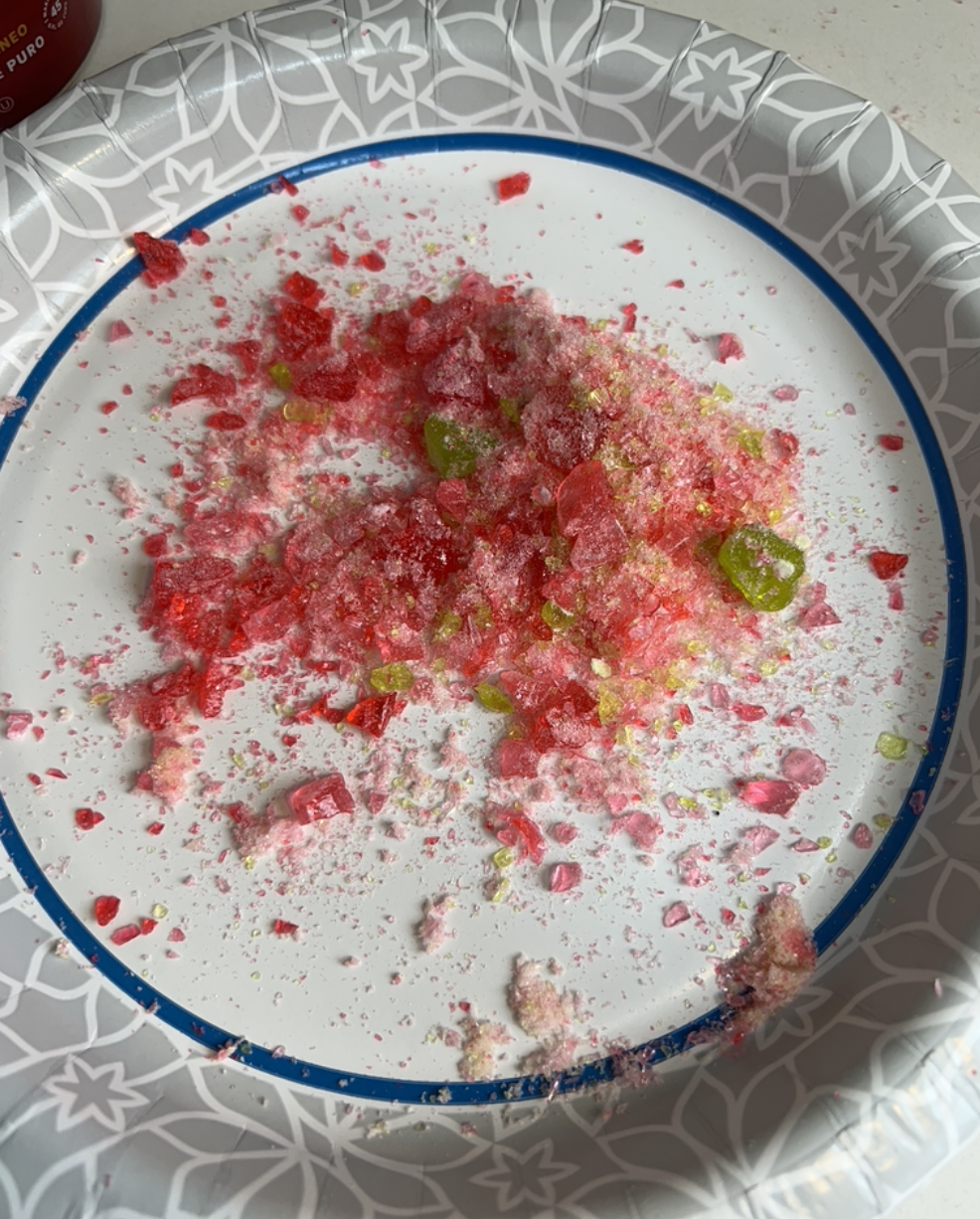 Crushed candy on a paper plate