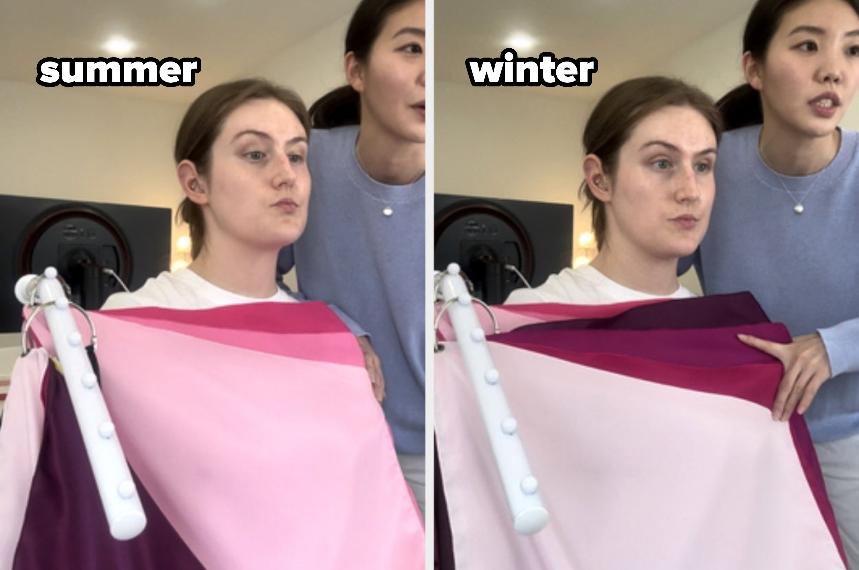 Two women perform a color analysis with fabric swatches draped over one woman's shoulder. They evaluate how different shades complement her skin tone