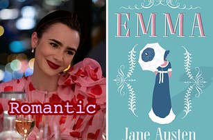 Lily Collins in a romantic setting next to the book cover of "Emma" by Jane Austen