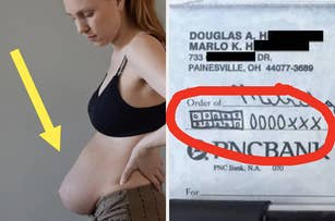 Pregnant individual touching belly, check with "Order of" and redacted information highlighted