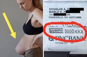 Pregnant individual touching belly, check with "Order of" and redacted information highlighted