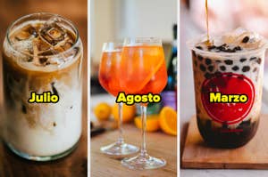 Tres bebidas de diferentes tipos representando los meses: café con hielo para julio, cócteles para agosto y té de burbujas para marzo