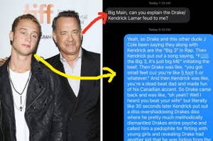 Chet Hanks and Tom Hanks at a TIFF event; Right side: a text explaining the Drake/Kendrick Lamar feud