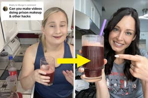 Toya Paullins and Angie Orvis demonstrate prison makeup hacks in a kitchen, both holding glasses with red drinks while interacting with the camera