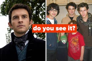 Jonathan Bailey in a period costume on the left; Joe Jonas, Kevin Jonas, and Nick Jonas posing with children on the right. Text: "do you see it?"