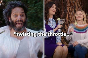 Jason Mantzoukas screaming on the left, and D'Arcy Carden with Kristen Bell, toasting with drinks on the right, with text "twisting the throttle..."