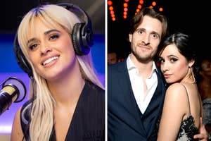 Camila Cabello wearing headphones and smiling next to a microphone (left), and Camila Cabello posing with Matthew Hussey at an event (right)
