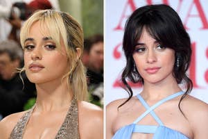 Camila Cabello in two photos: left in a sparkly plunging neckline dress, right in a light blue crisscross dress with drop earrings at an event