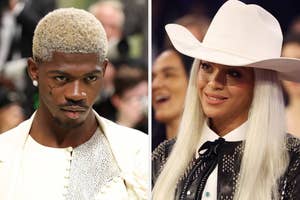 Lil Nas X in a textured suit and hat, and Beyoncé in a Western-inspired outfit with a white hat