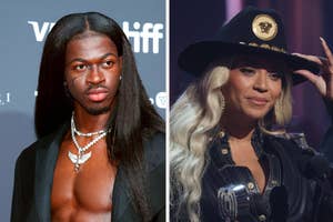 Lil Nas X wearing an open shirt with a necklace and long hair on the left; Beyoncé in a black hat and embellished outfit on the right