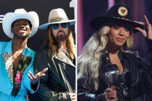 Lil Nas X in a bright suit and cowboy hat, Billy Ray Cyrus in black leather and cowboy hat, and Beyonce in a black outfit with a wide-brimmed hat