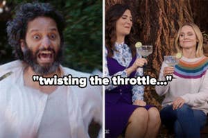 Jason Mantzoukas screaming on the left, and D'Arcy Carden with Kristen Bell, toasting with drinks on the right, with text "twisting the throttle..."