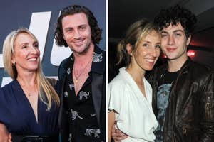 Sam Taylor-Johnson and Aaron Taylor-Johnson are in both photos. Left: Aaron in a patterned shirt. Right: He is wearing a jacket. Sam wears a dress in both