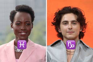 Lupita Nyong'o and Timothée Chalamet smiling. Symbols for the zodiac signs Pisces and Capricorn are placed on top of their respective images