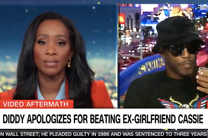 CNN newscast with reporter and guest discussing Diddy apologizing for beating ex-girlfriend Cassie