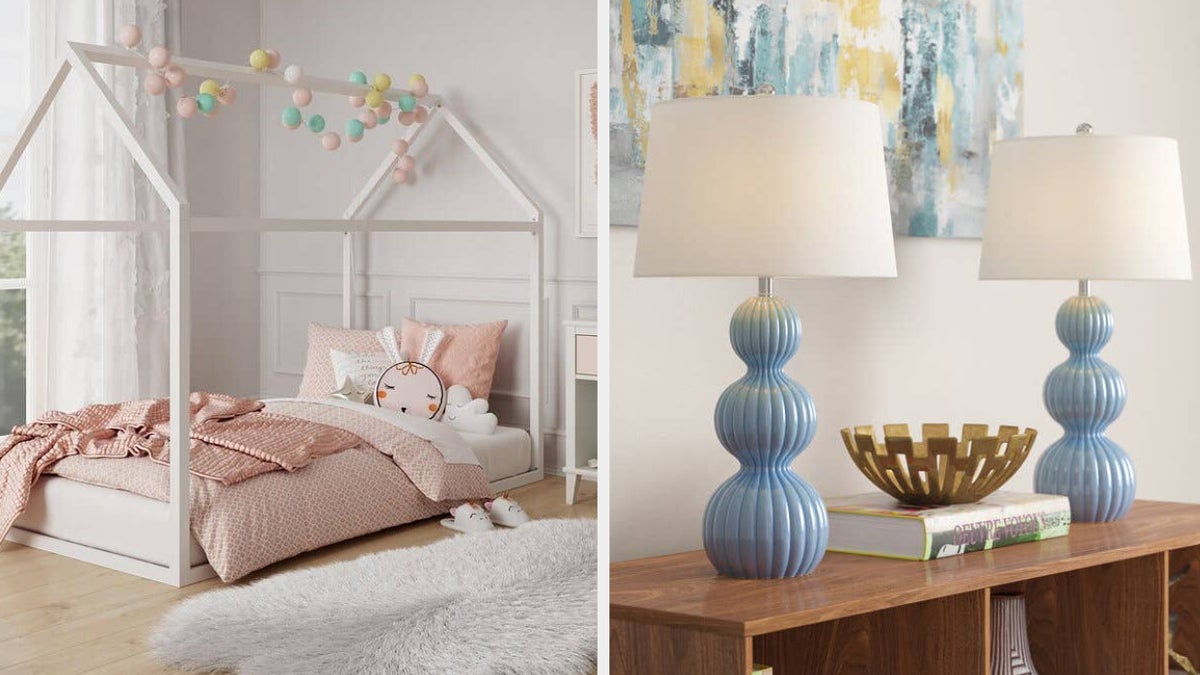 A stylish child’s bedroom with a canopy bed and plush decor on the left; a pair of lamps with blue design on the right