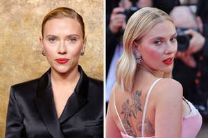 Scarlett Johansson is pictured in two side-by-side images: one in a black suit and one in a light dress with floral back tattoos visible