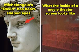 Michelangelo's sculpture "David" with a close-up showing heart-shaped pupils; next to a photo of the inside of a perforated movie theater screen showing seats behind it