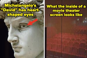 Michelangelo's sculpture "David" with a close-up showing heart-shaped pupils; next to a photo of the inside of a perforated movie theater screen showing seats behind it